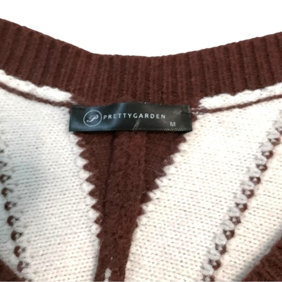 PrettyGarden‎ Chevron Brown Cream Crew Neck Sweater Soft Knitted Pullover SZ M - Picture 6 of 9